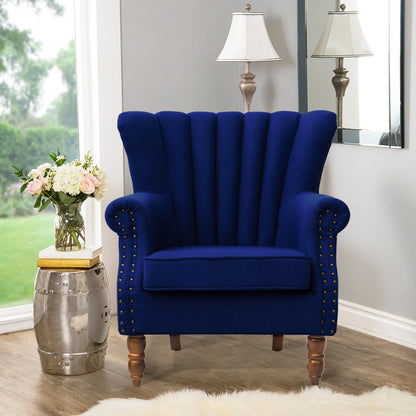 Blue/Grey Vintage Linen Upholstered Wing Back Armchair