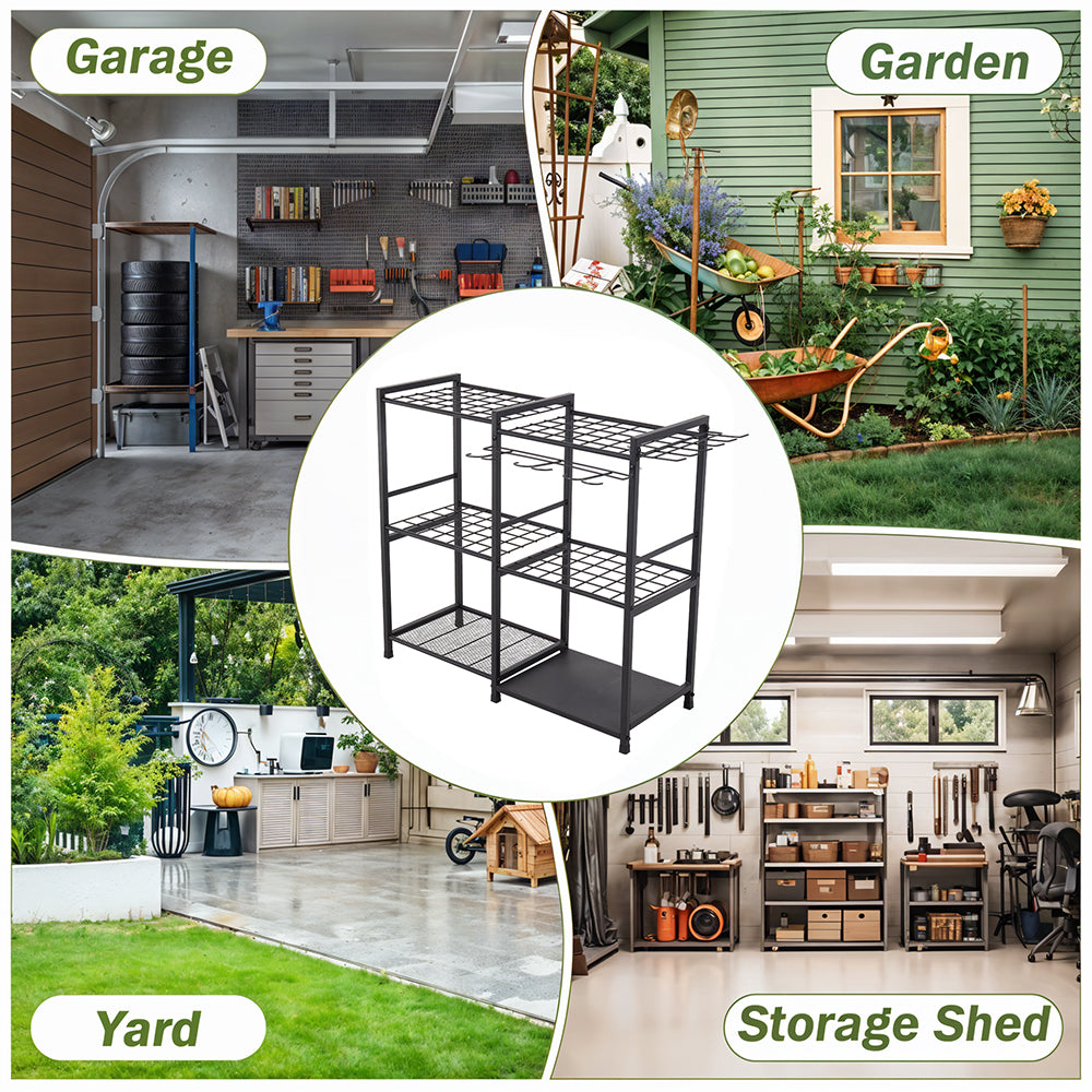 Metal Garden Tool Storage Rack with Two Tier Shelves