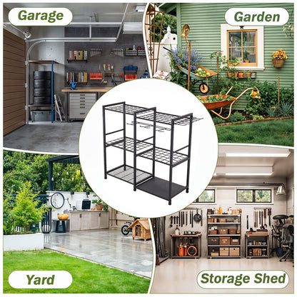 Metal Garden Tool Storage Rack with Two Tier Shelves