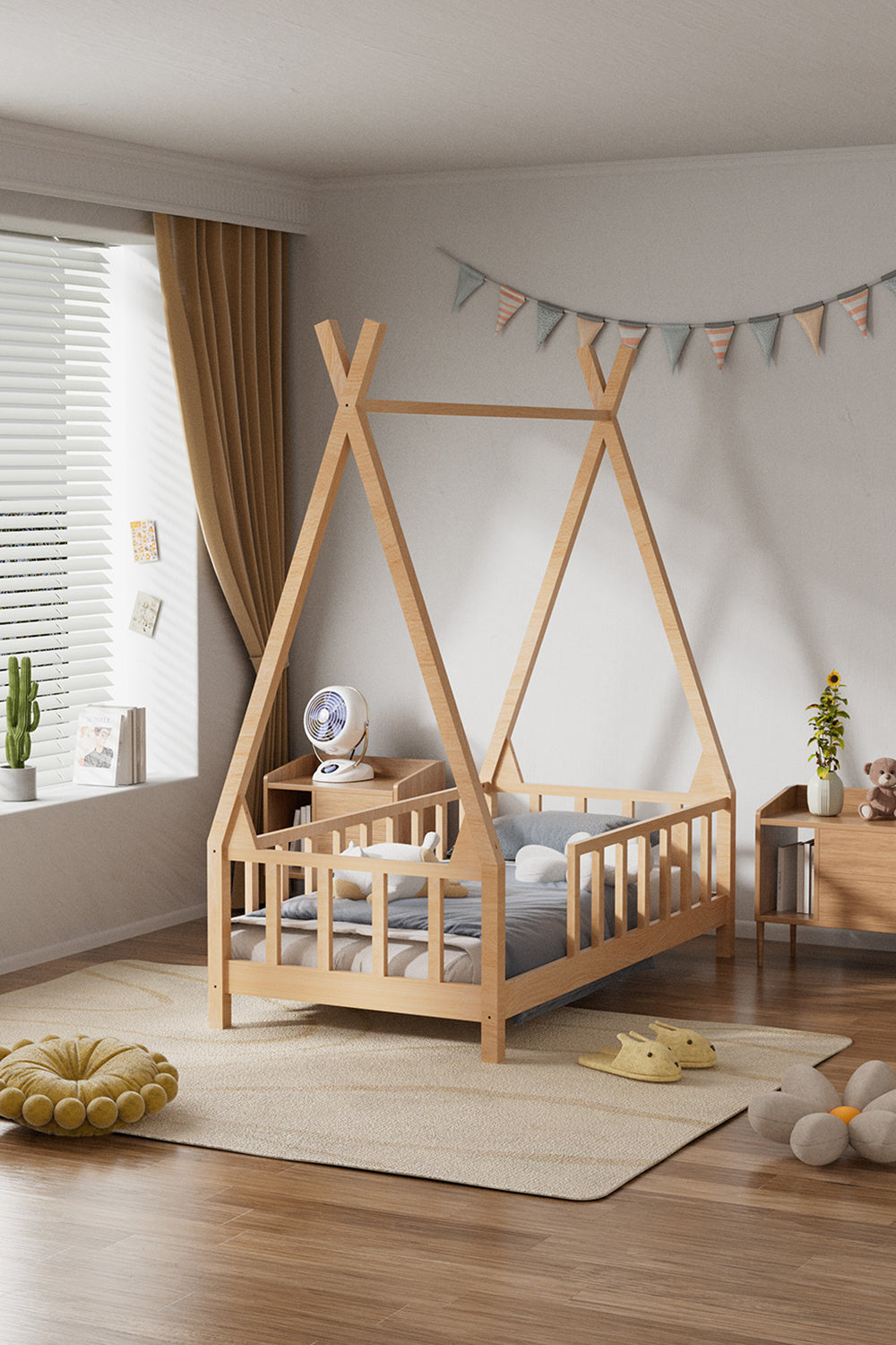 Kid’s Premium Wood House Bed Frame with Fence