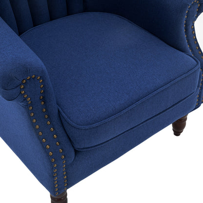 Blue/Grey Vintage Linen Upholstered Wing Back Armchair