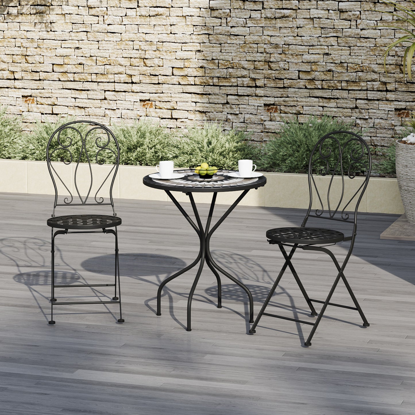 3 Piece Black Aluminium Garden Bistro Set with Mosaic Table Top
