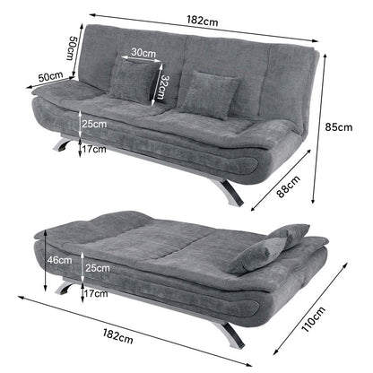 190cm Wide Grey 3 Seater Sofa Linen Convertible Sofa Bed with 2 Pillows