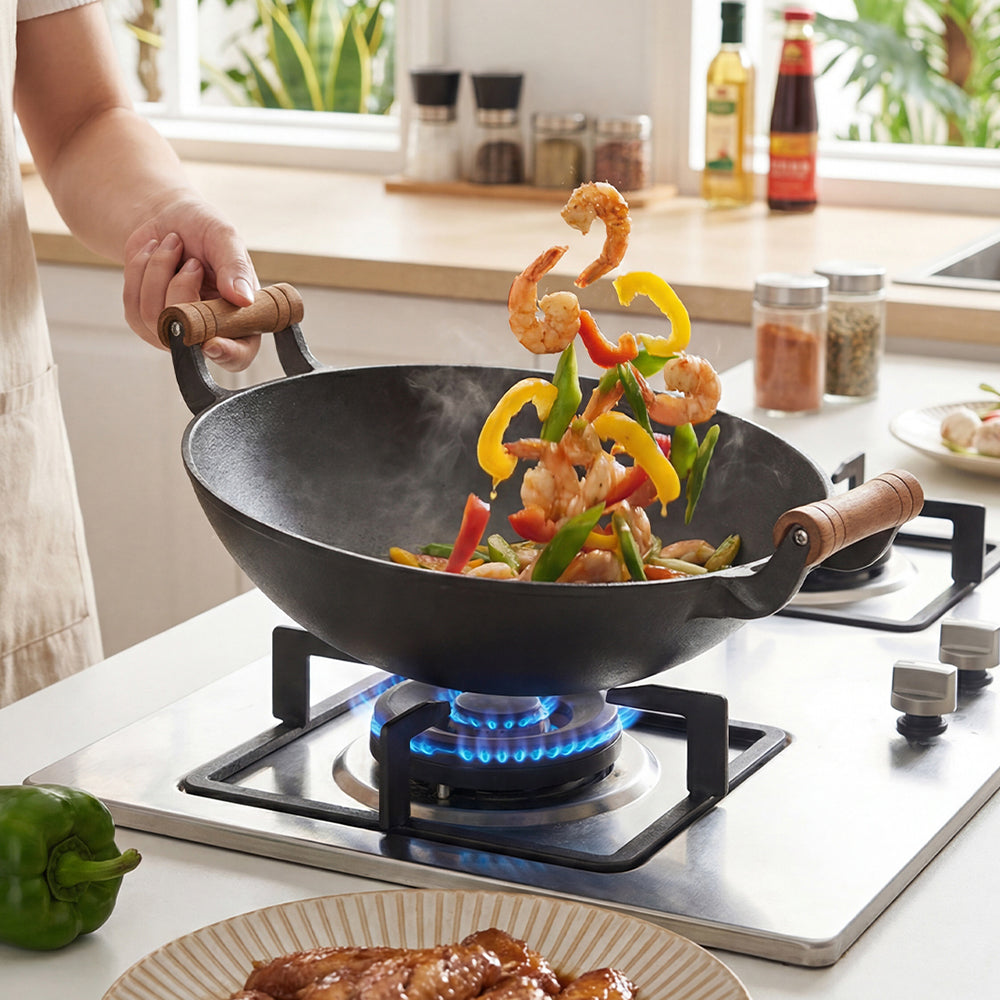 Round Cast Iron Wok with Dual Handles