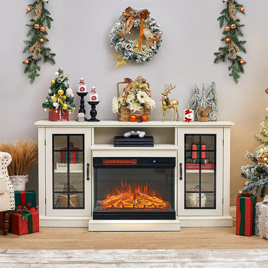 Electric Fireplace TV Stand with Glass Door Storage