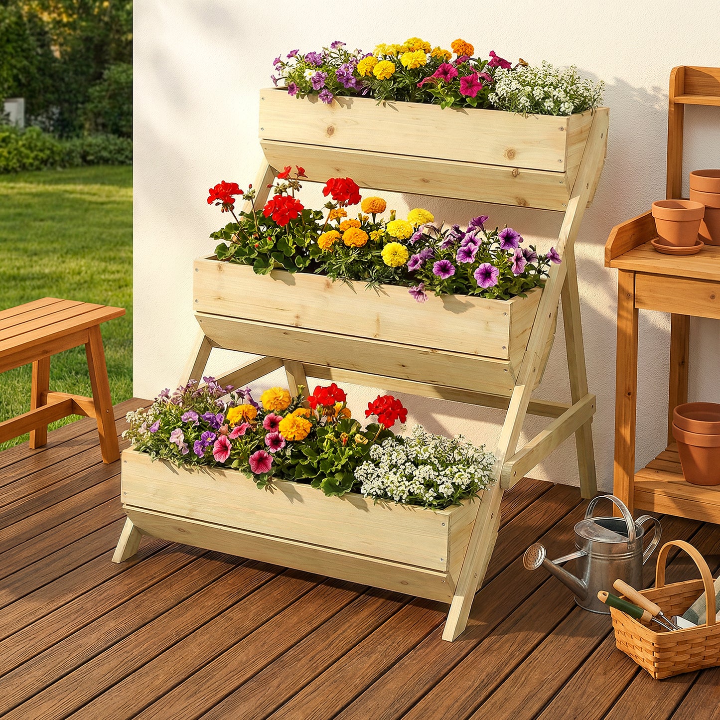 3-Tier Wooden Planter Box with Drainage Holes