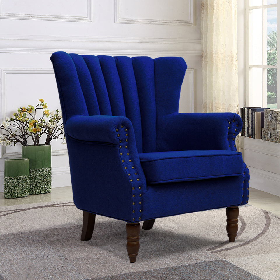 Blue/Grey Vintage Linen Upholstered Wing Back Armchair