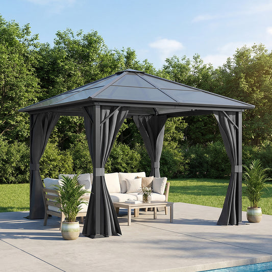 10 x 10FT Metal Frame Hardtop Patio Gazebo with Curtains