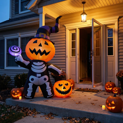 8FT Halloween Inflatable Pumpkin-Headed Skeleton Decoration with Built-in Lights