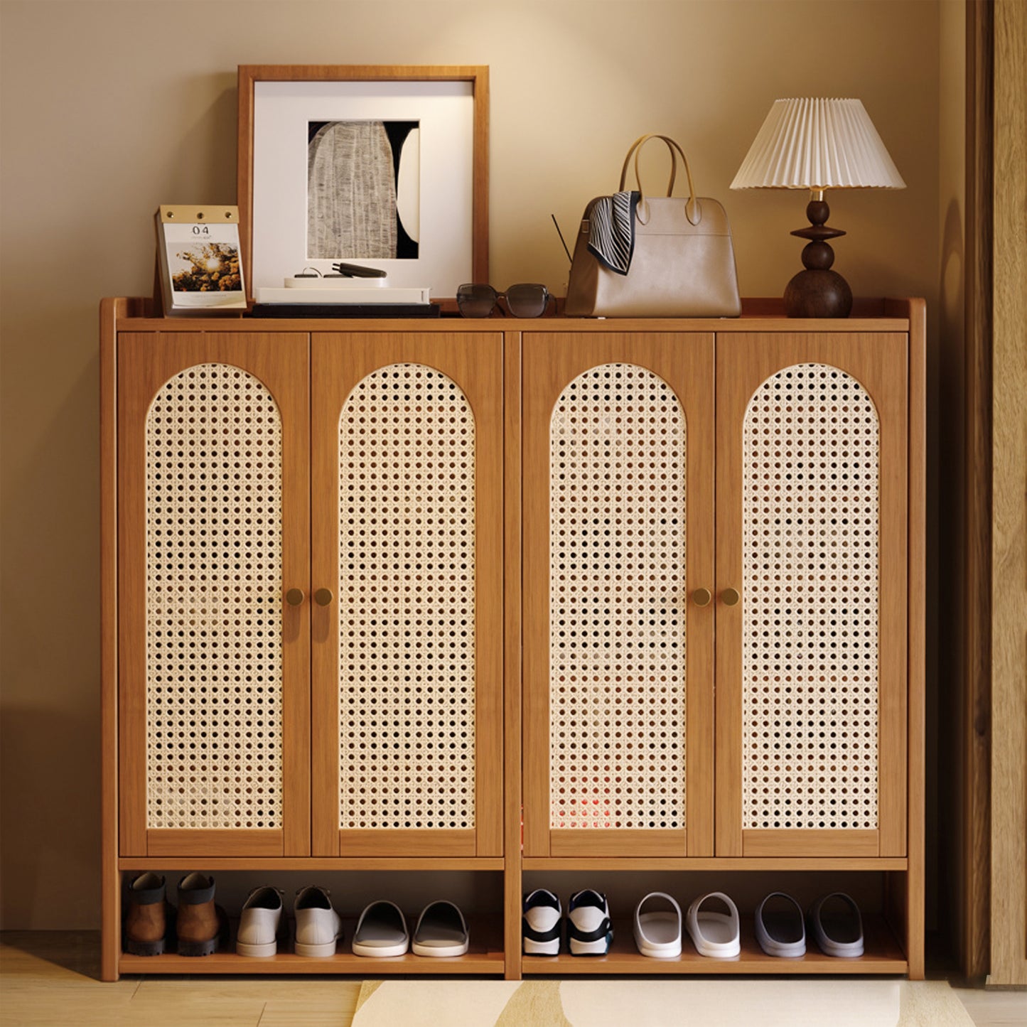 Modern Shoe Storage Cabinet with Rattan-Effect 4 Doors