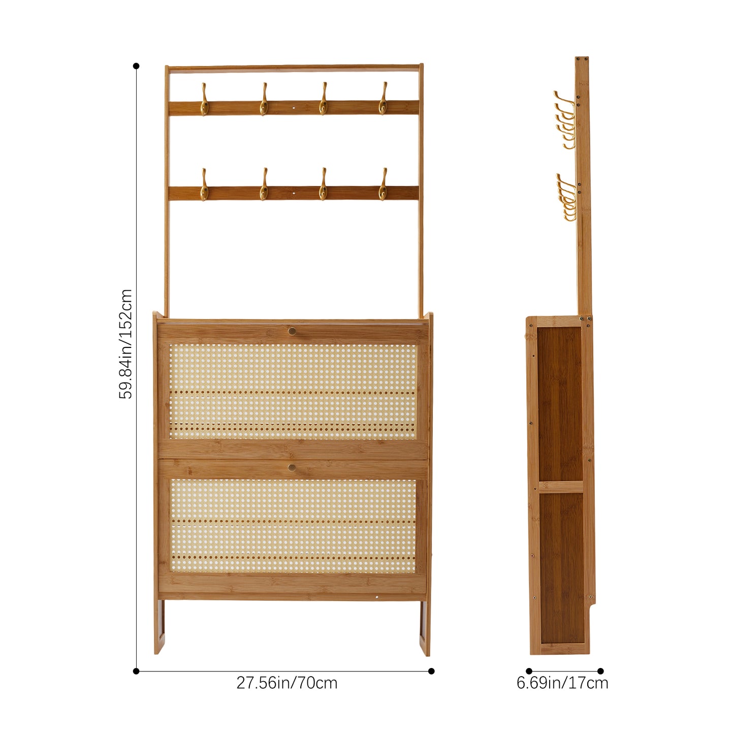 Bamboo Entryway Shoe Cabinet with Double-Row Hooks & Flip-down Shoe Trays