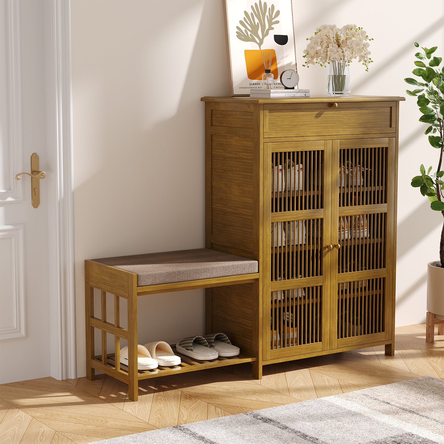Bamboo Shoe Storage Cabinet with Cushioned Bench Seat
