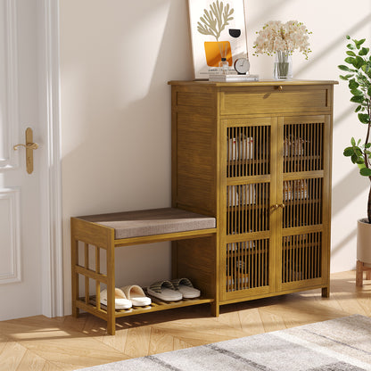 Bamboo Shoe Storage Cabinet with Cushioned Bench Seat