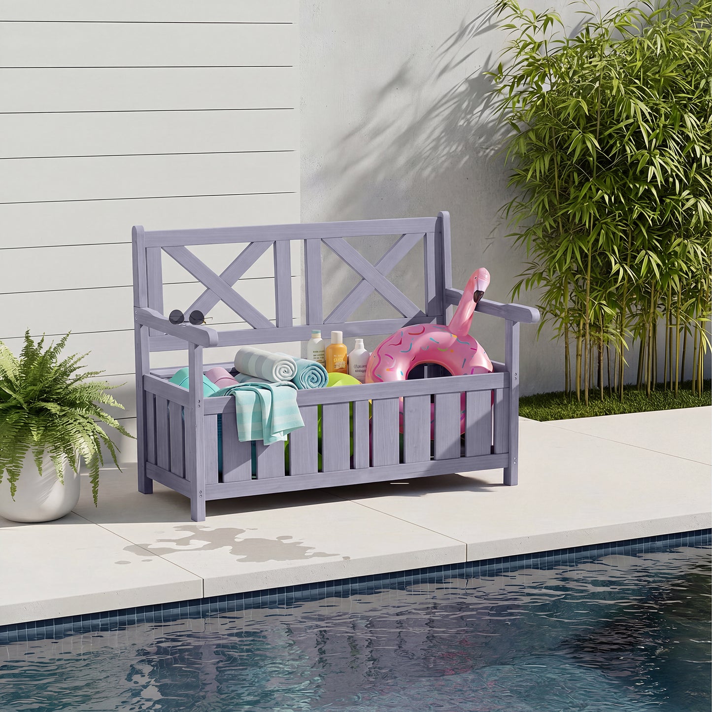 Outdoor Wooden Storage Bench with Backrest