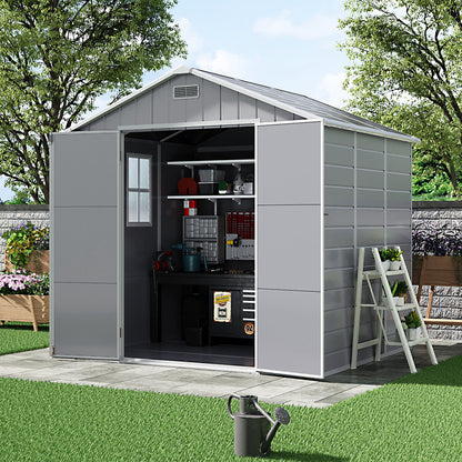 8x6ft Outdoor Apex Roof Plastic Tool Shed with Dual-door