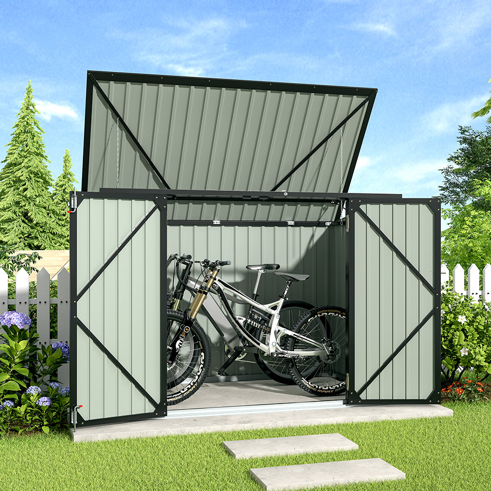 200CM Wide Outdoor Metal Garbage Storage Shed with Hinged Lid