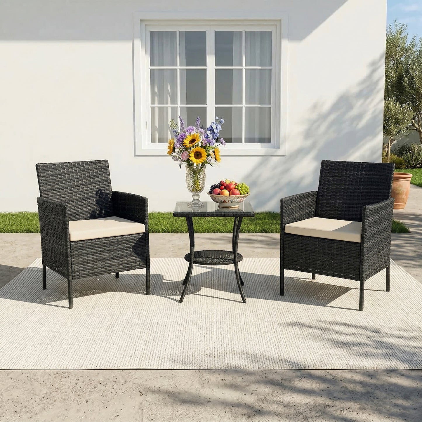 3-Piece PE Rattan Wicker Garden Furniture Bistro Set