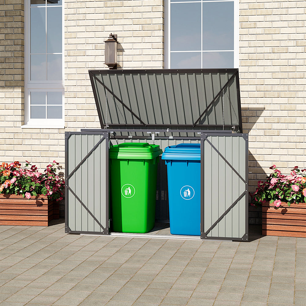 200CM Wide Outdoor Metal Garbage Storage Shed with Hinged Lid