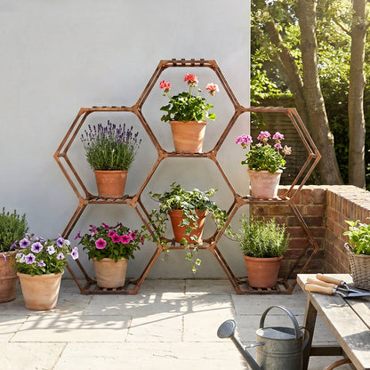 9-Potted Hexagonal Eucalyptus Wood Plant Stand