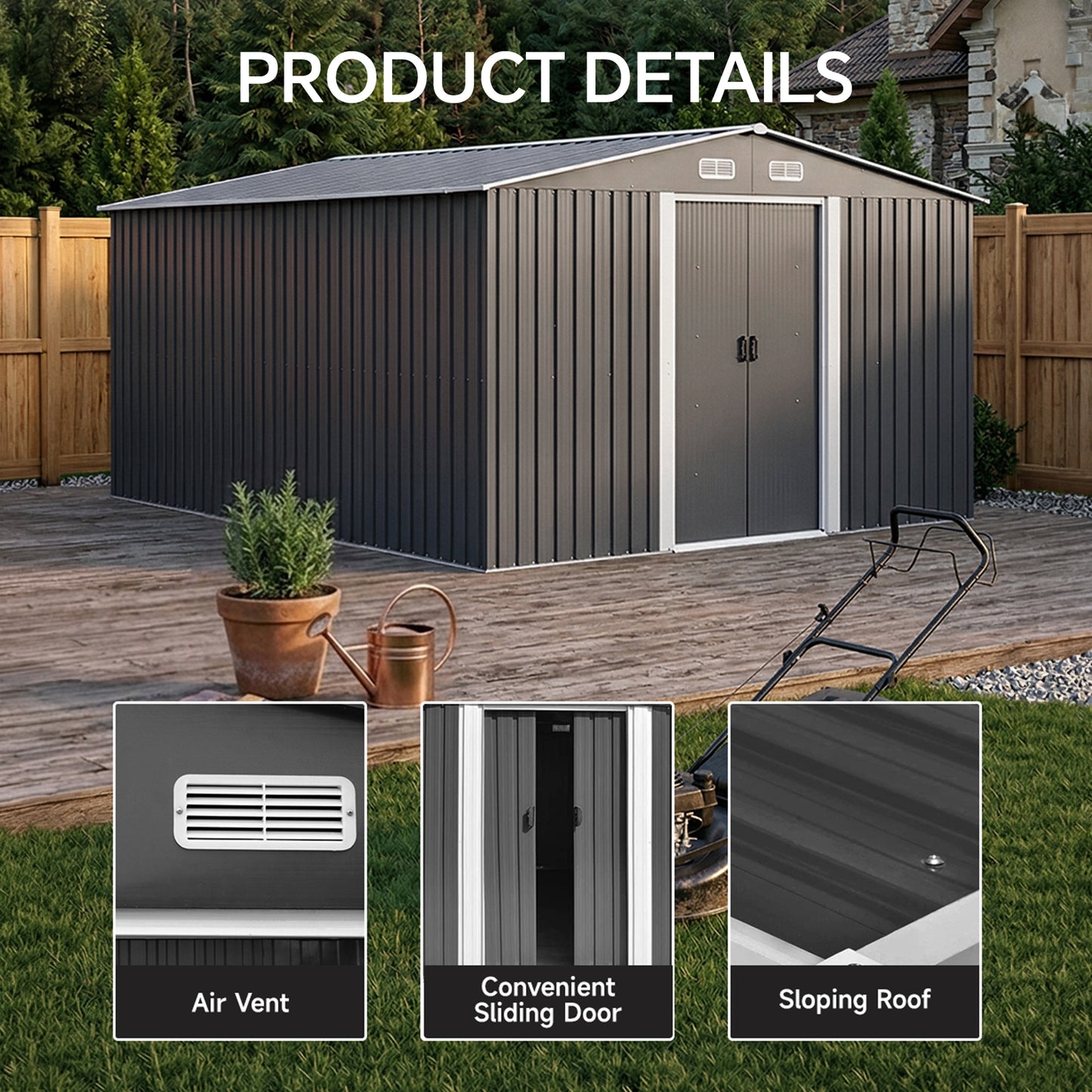 12x10 FT Metal Apex Roof Garden Tool Shed