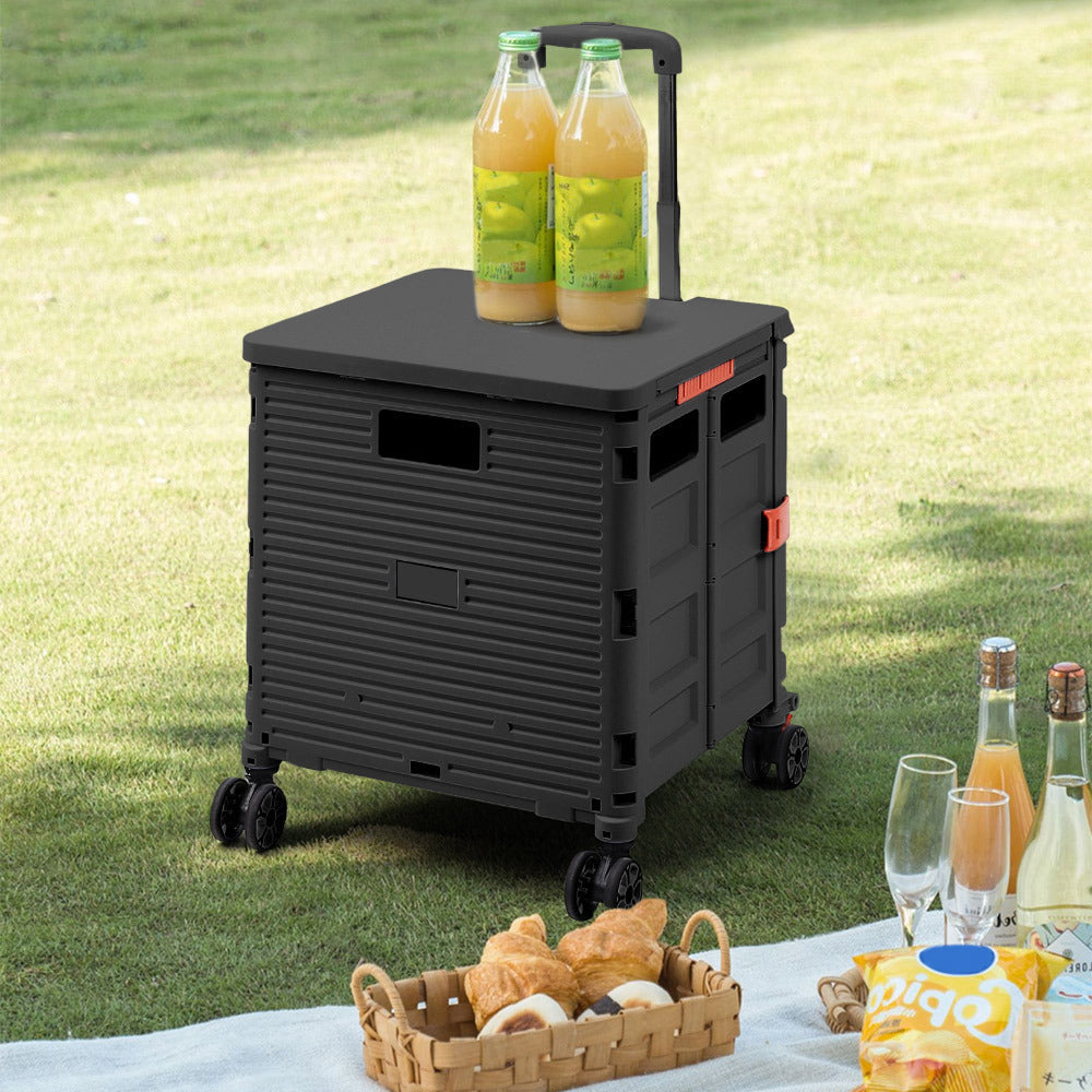 55L Black Collapsible Rolling Utility Crate with Magnetic Lid