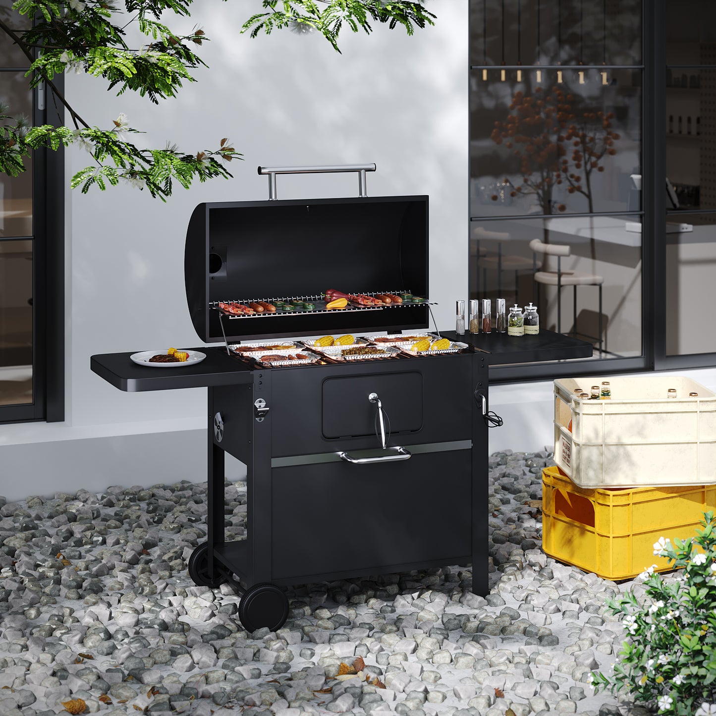 Outdoor Carbon Steel Grill with Smoke Stack