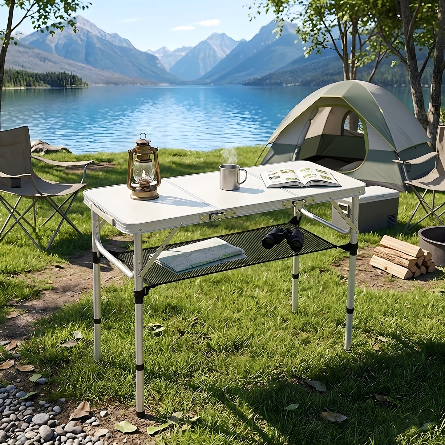 Adjustable Height Folding Camping Table with Carrying Handle