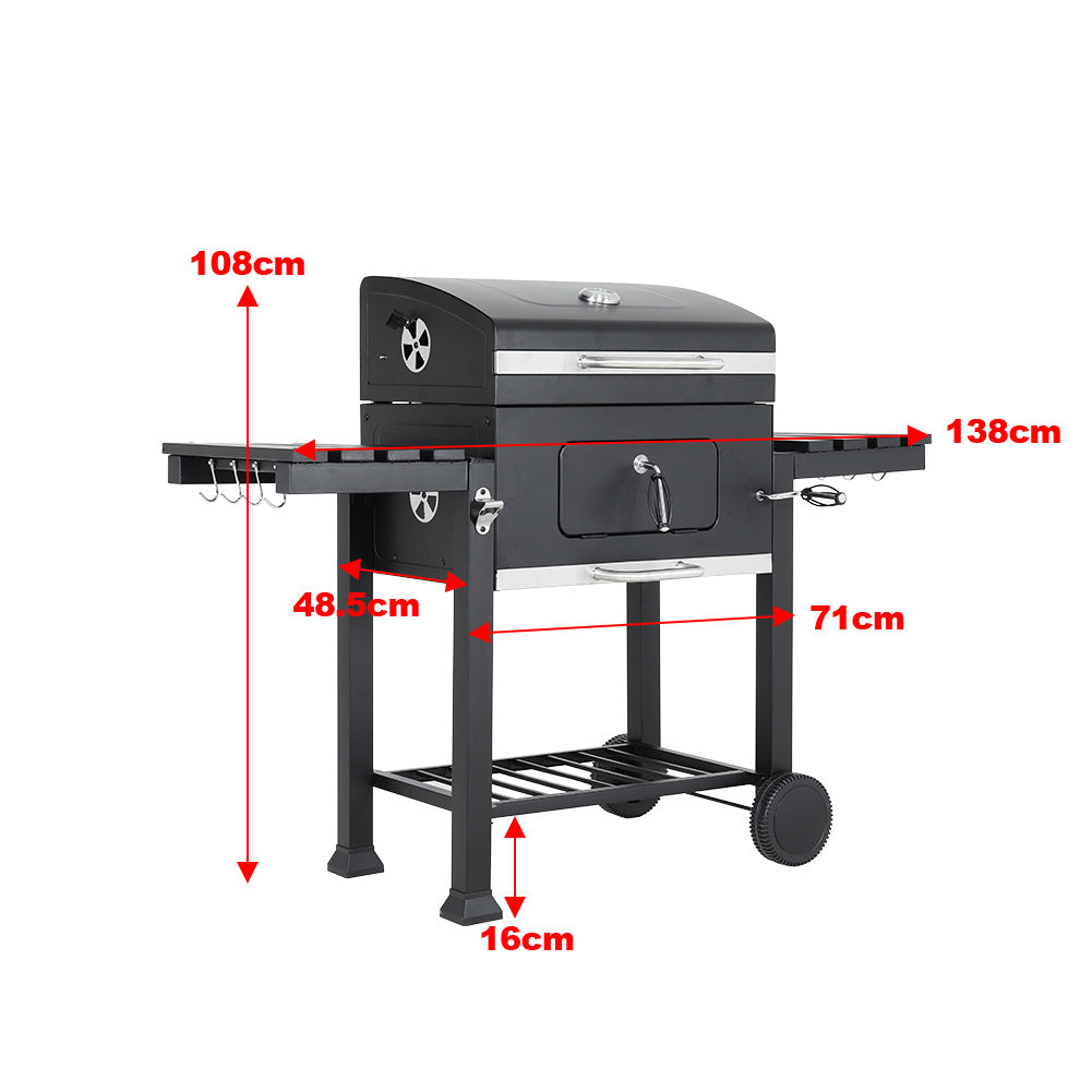 138CM Wide Charcoal BBQ Grill with Side Shelves