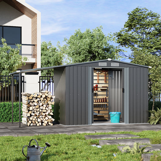 Wide Metal Garden Storage Shed with Gabled Roof and Lean-To