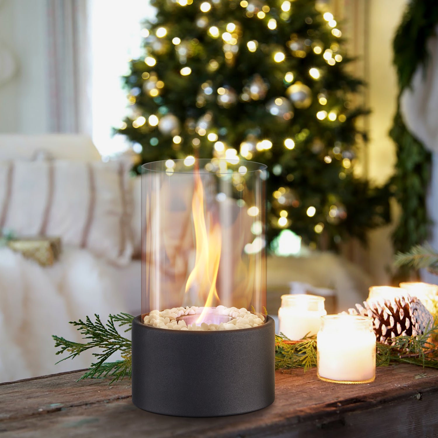 Round Freestanding Tabletop Ventless Ethanol Fireplace Glass Screen