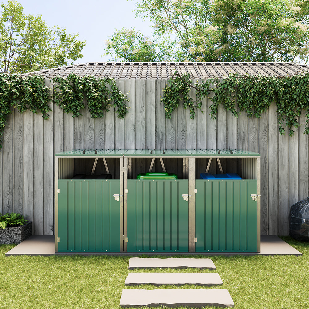Green Metal Outdoor Garbage Bin Shed For 3 Trash Bin