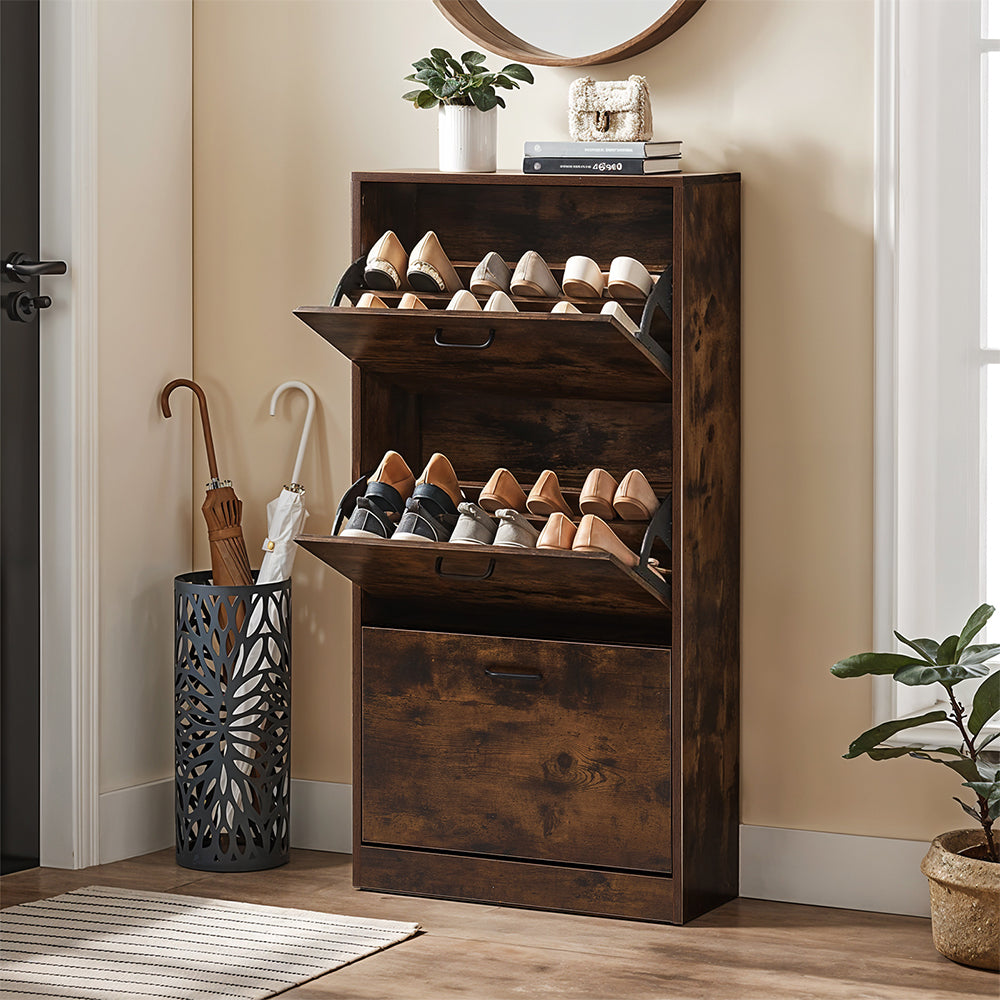 3-Tier Wooden Shoe Storage Cabinet with Flip-Down Drawers