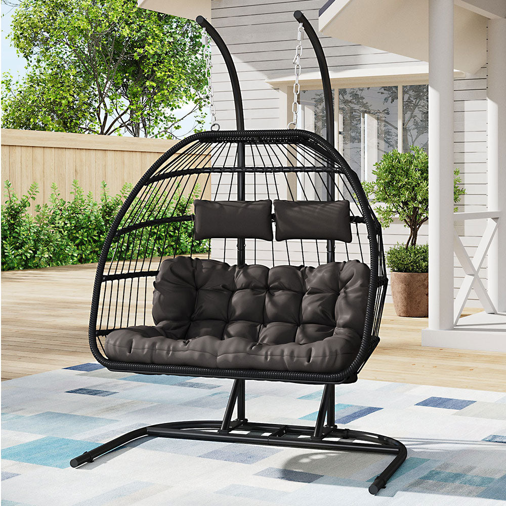 Outdoor Hanging 2-Seater Swing Chair Egg Chair with U-Shaped Stand