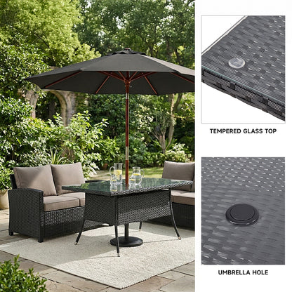 Garden Rattan Tempered Glass Top Rectangular Table with Parasol Hole