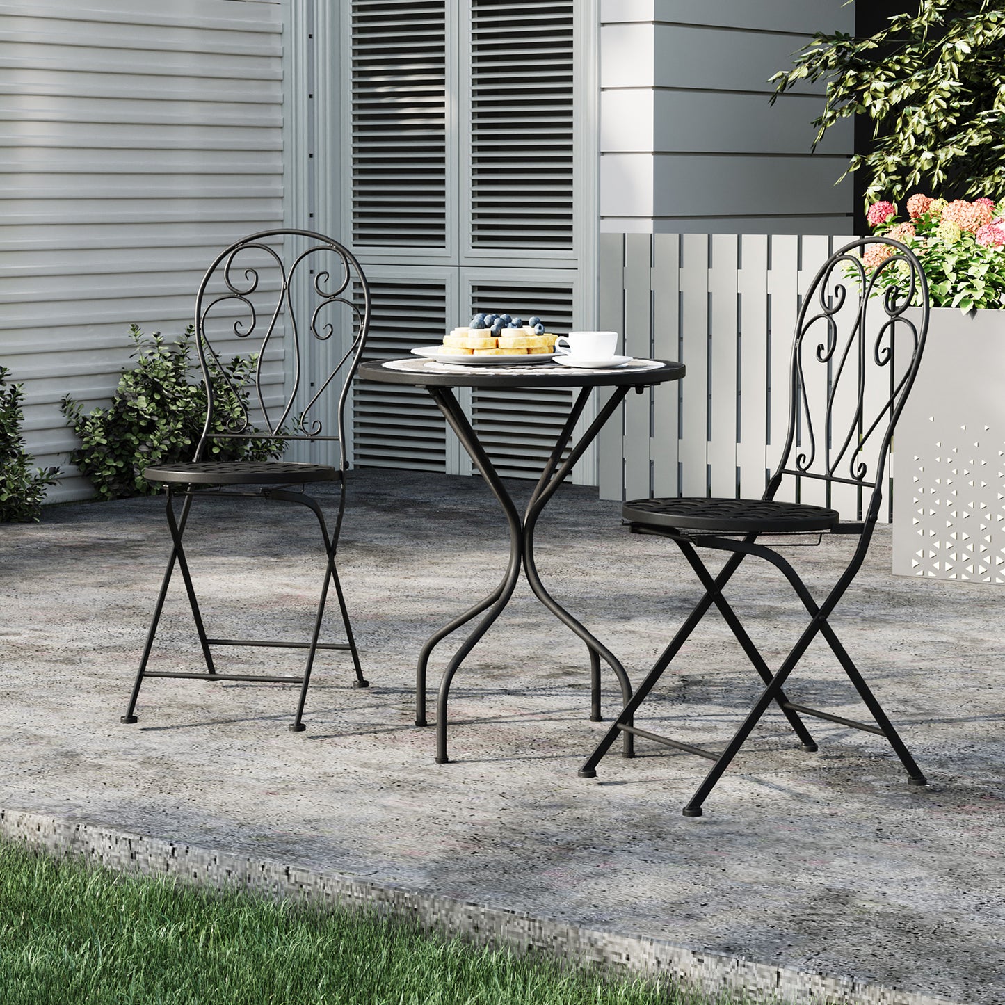 3 Piece Black Aluminium Garden Bistro Set with Mosaic Table Top