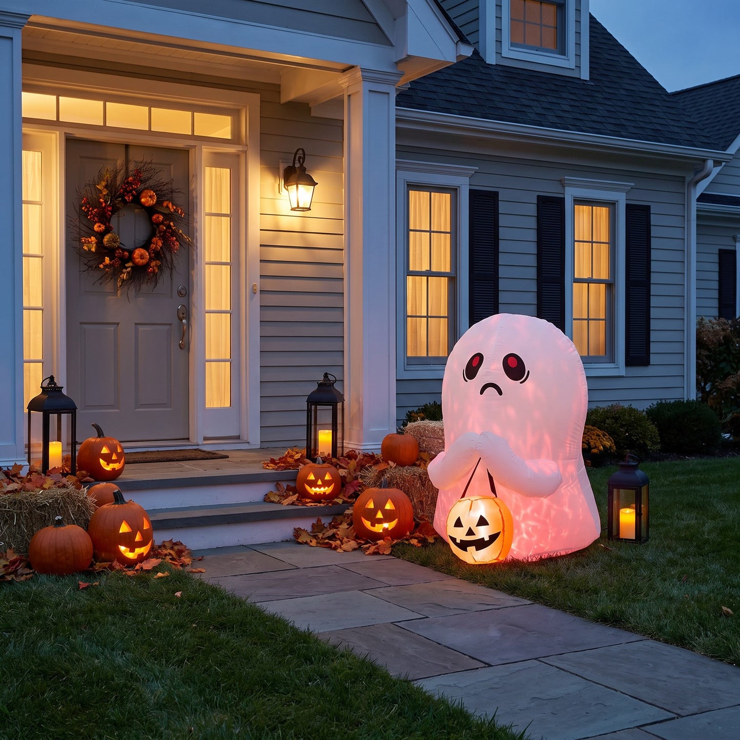 3 FT Halloween Inflatable Ghost Holding Pumpkin Bucket with LED Lights
