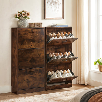 3-Tier Wooden Shoe Storage Cabinet with Flip-Down Drawers