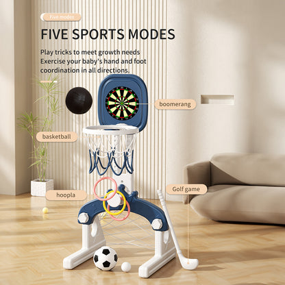 5-in-1 Kids Basketball Hoop with Basketball, Football, Golf, Ring Toss and Dartboard Playset