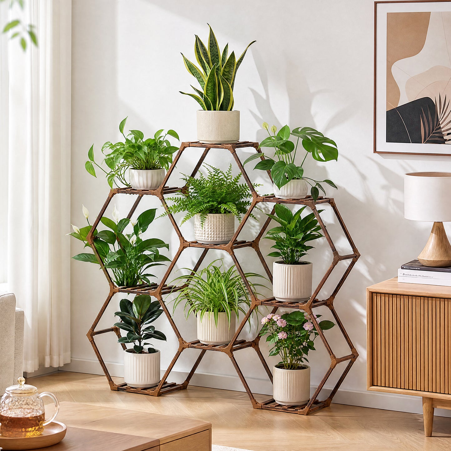 9-Potted Hexagonal Eucalyptus Wood Plant Stand