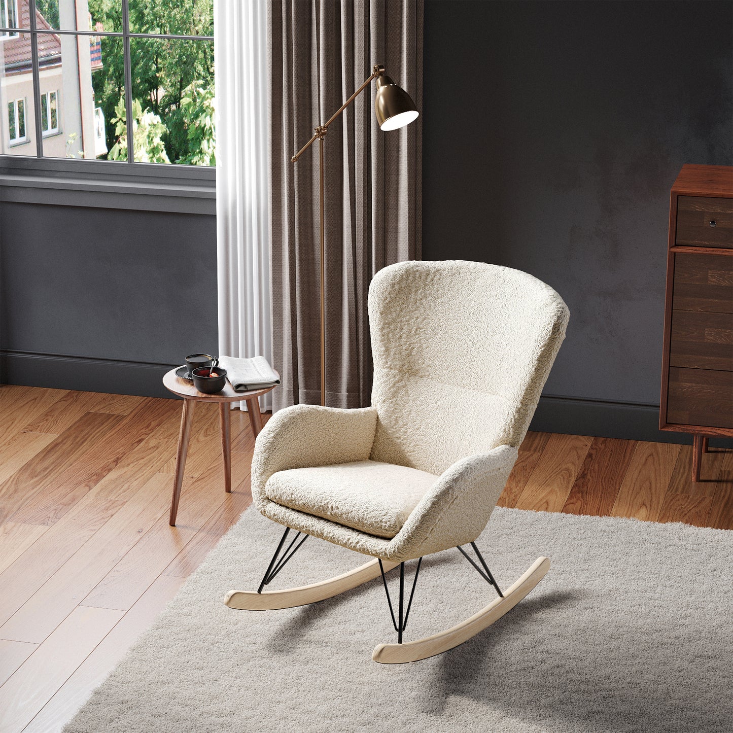 Contemporary Faux Wool Rocking Beige Chair with Removable Cushion