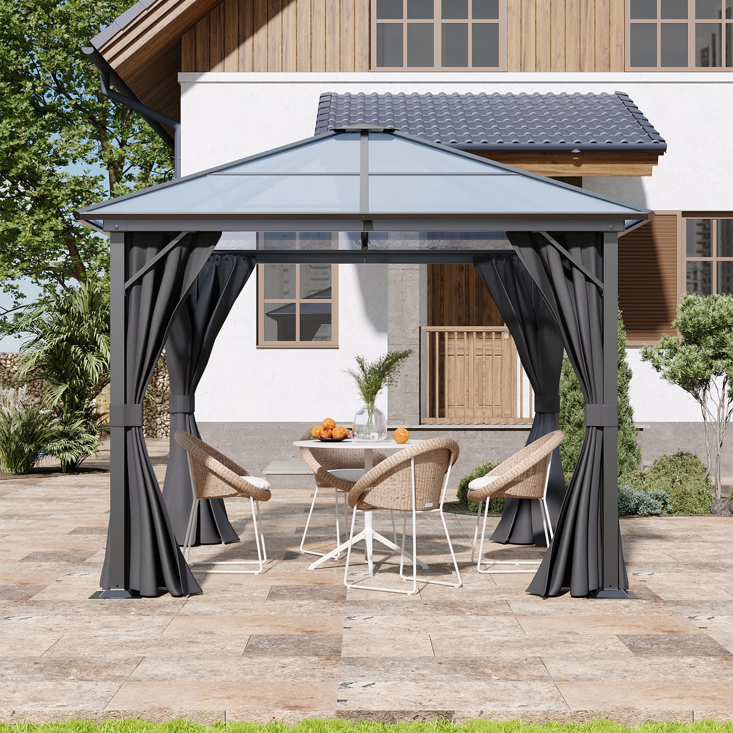 10 x 10FT Metal Frame Hardtop Patio Gazebo with Curtains