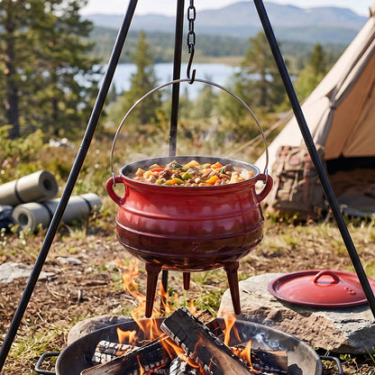 Enameled Cast Iron Cauldron with Lid and Three Legs
