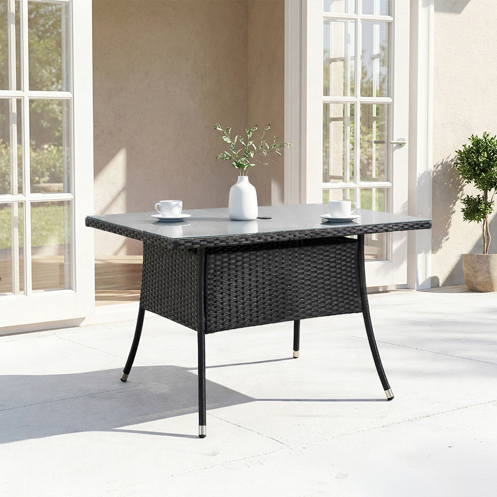 Garden Rattan Tempered Glass Top Rectangular Table with Parasol Hole