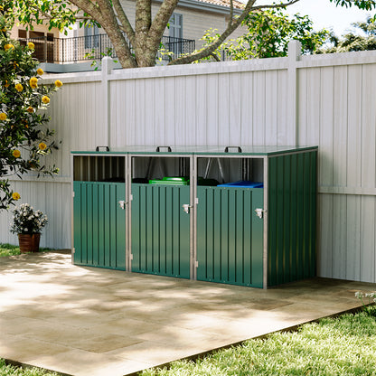 Green Metal Outdoor Garbage Bin Shed For 3 Trash Bin