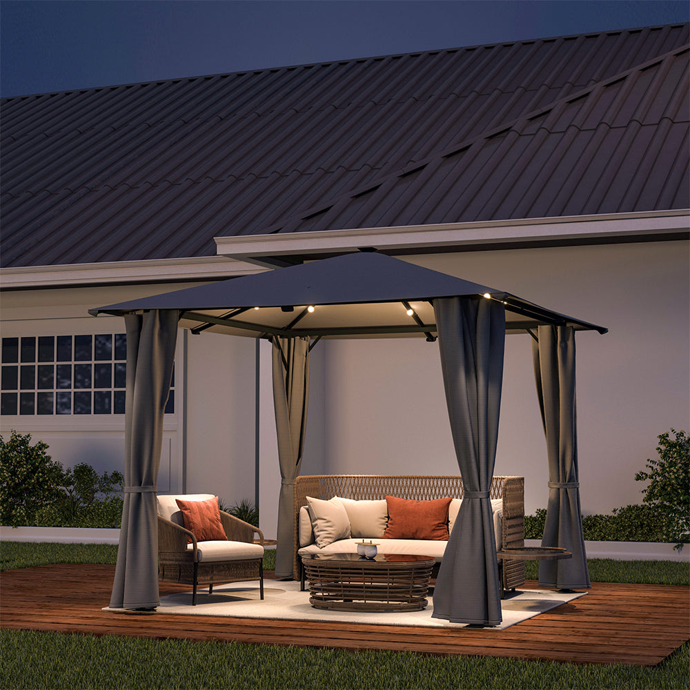 10ft W Garden Sheds Dark Grey Metal Gazebo With Lights