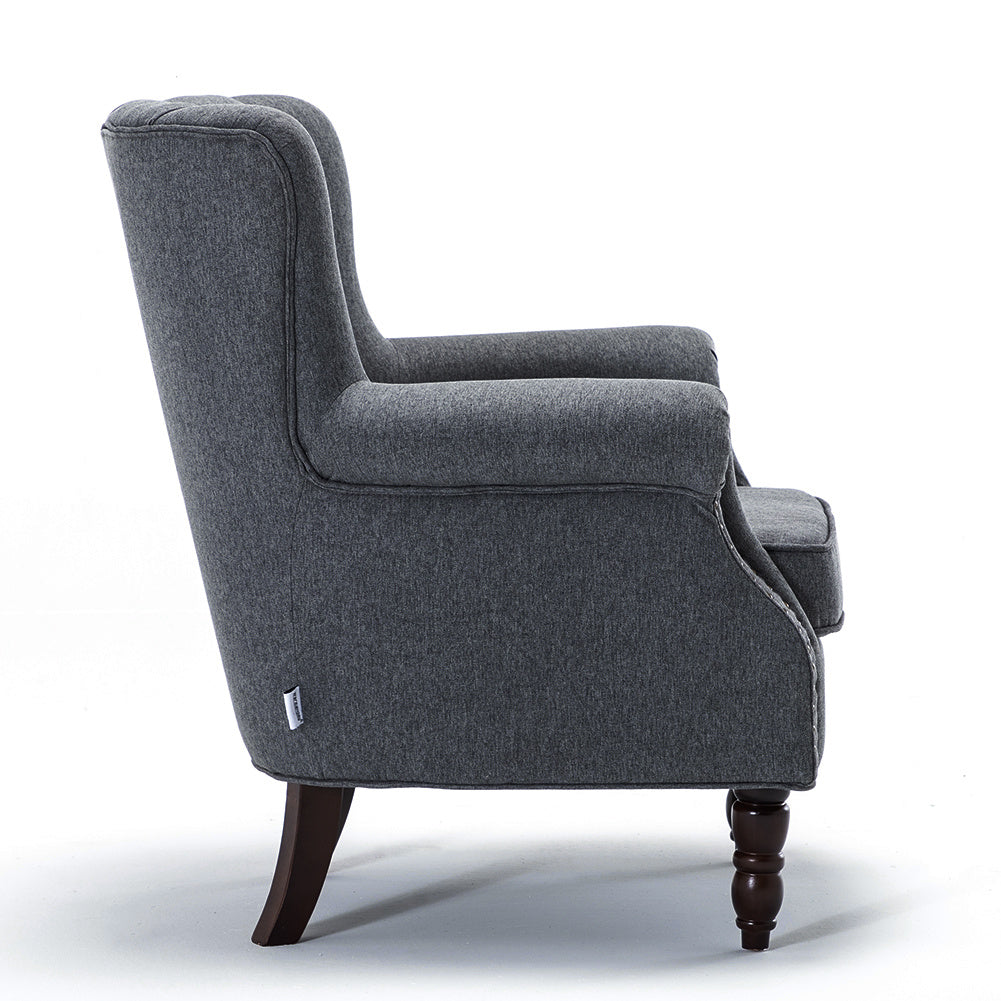 Blue/Grey Vintage Linen Upholstered Wing Back Armchair