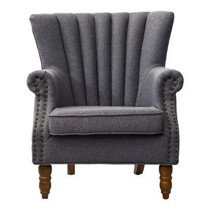 Blue/Grey Vintage Linen Upholstered Wing Back Armchair