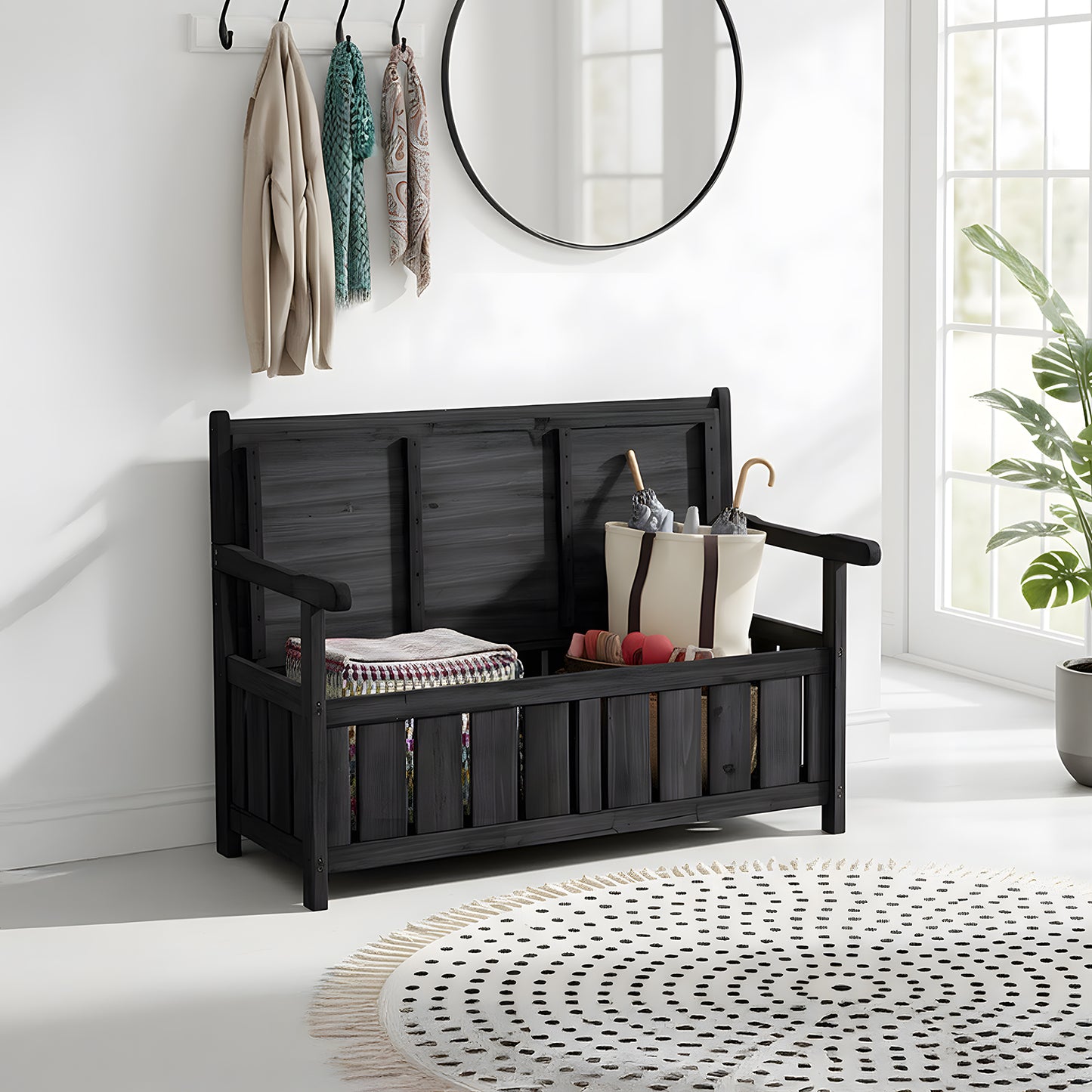 Outdoor Wooden Storage Bench with Backrest