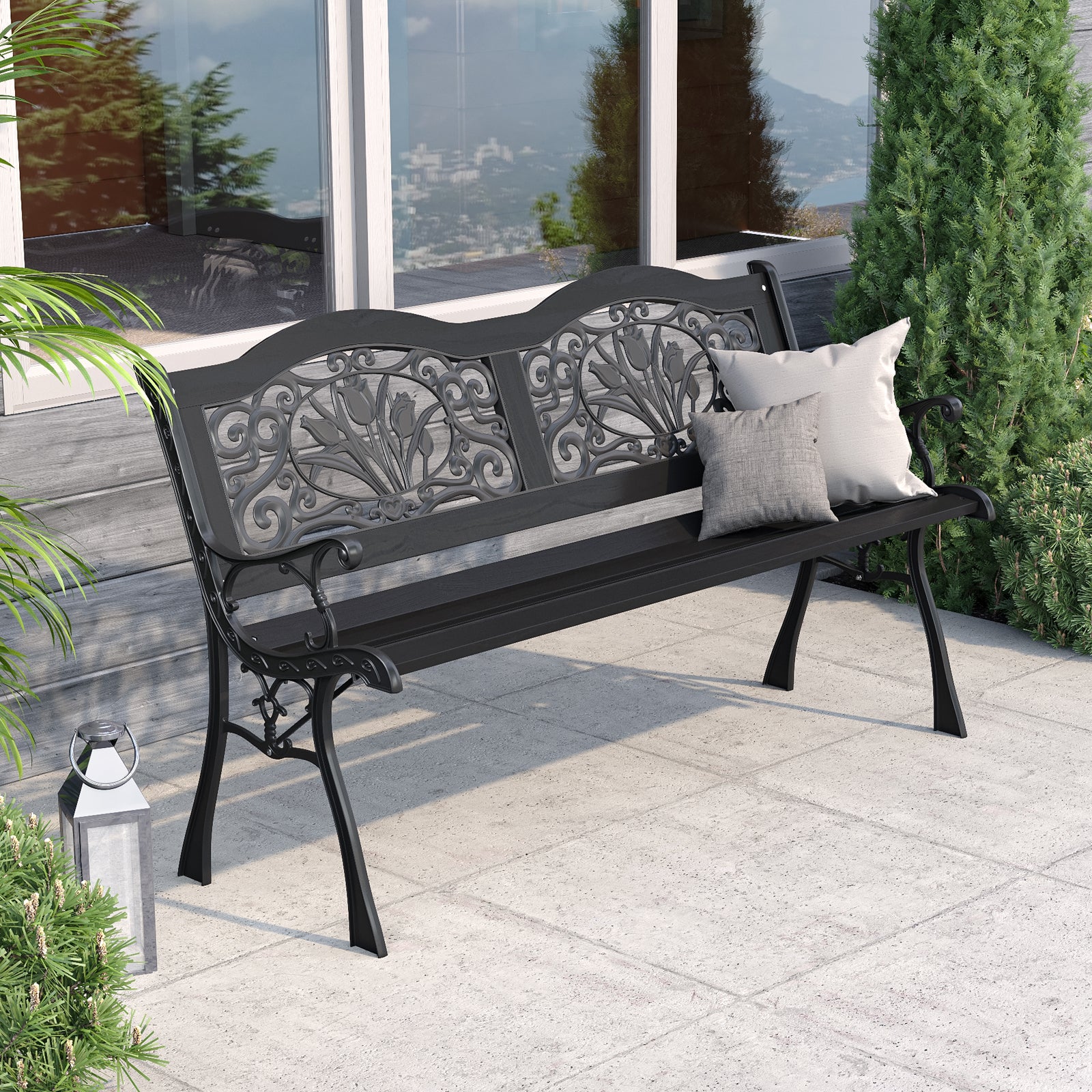 SMILE cheapest MART Outdoor Metal Garden Bench with Cross Back Pattern, Black