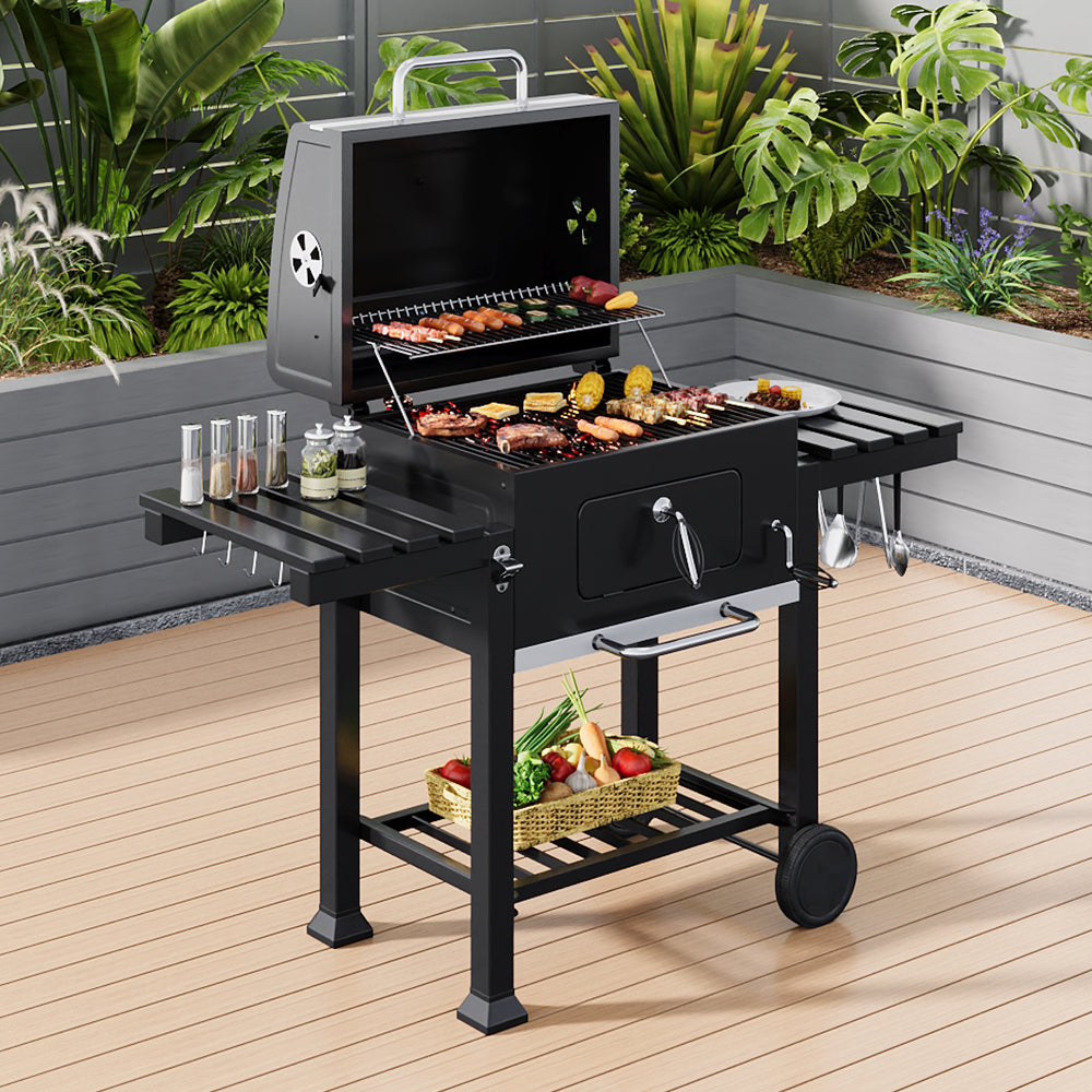 138CM Wide Charcoal BBQ Grill with Side Shelves